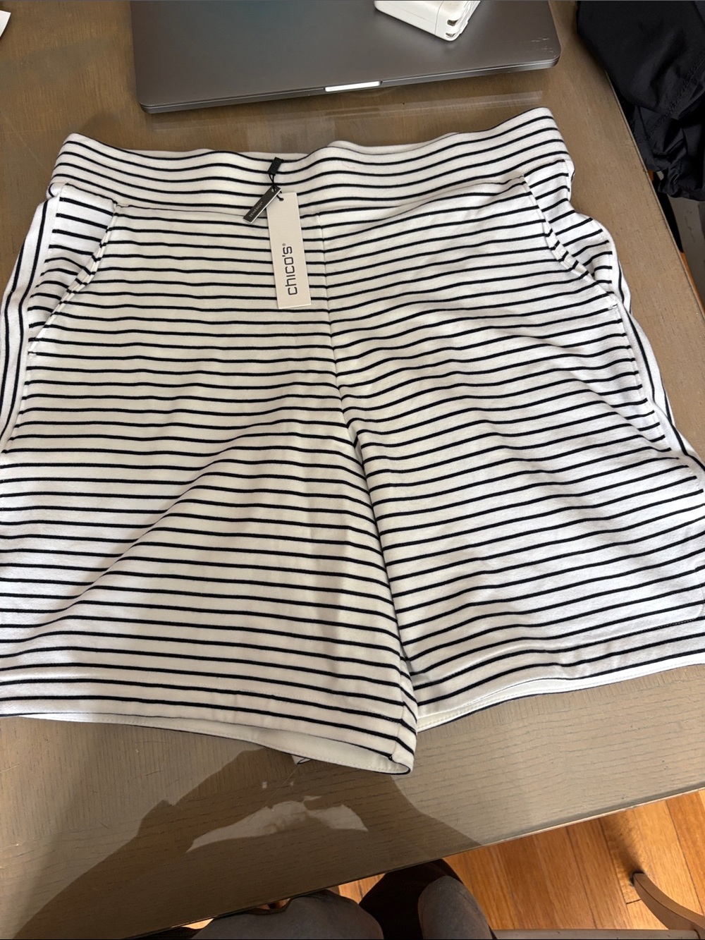 Chico's High-Waist White Shorts with Black Stripes